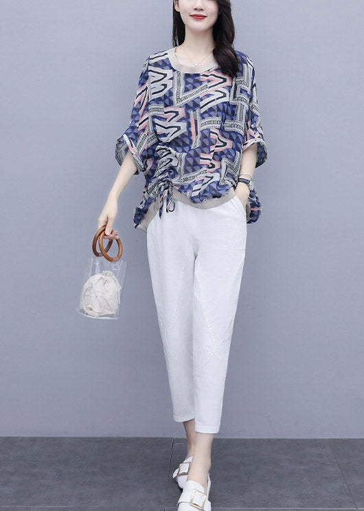 Blue Print Top and Pants Two Pieces Set Summer