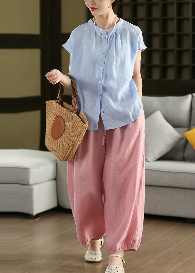 Blue Oversized Linen Blouse Tops Summer