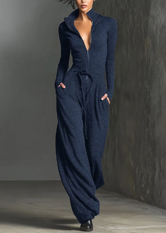 Modern Blue Zip Up Lace Up Patchwork Cotton Jumpsuit Fall