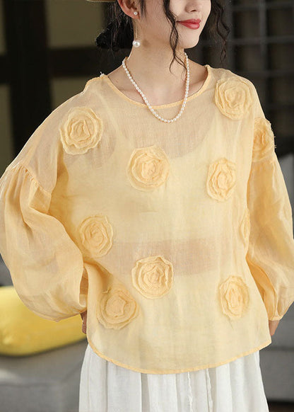 Organic Pink O Neck Linen Shirt Lantern Sleeve