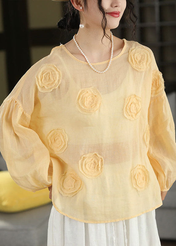 Organic Pink O Neck Linen Shirt Lantern Sleeve