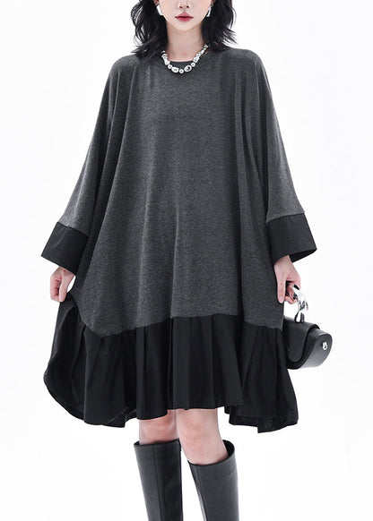 Grey O-neck Patchwork Long Dress Batwing Sleeve