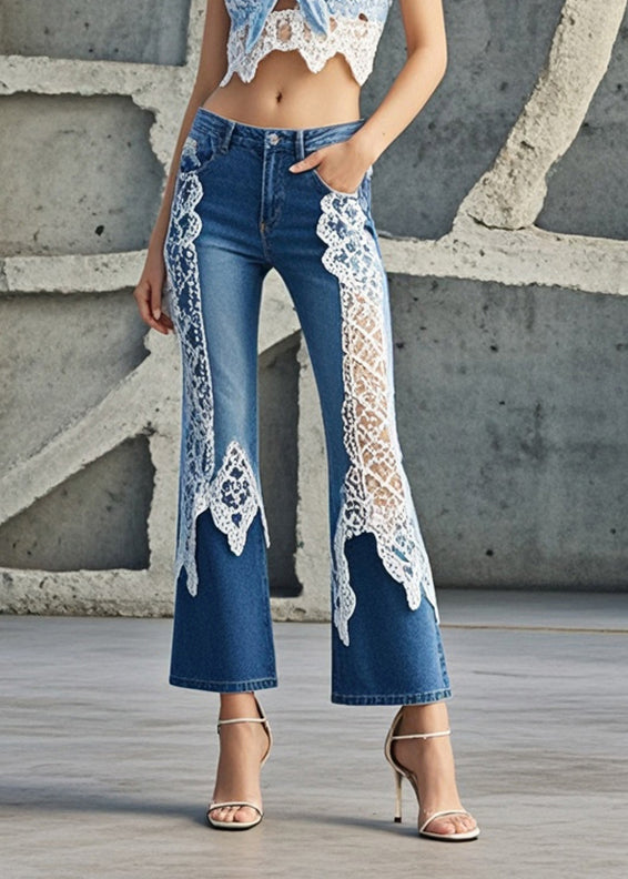Denim Blue Lace Patchwork Slim Fit Flared Trousers Fall