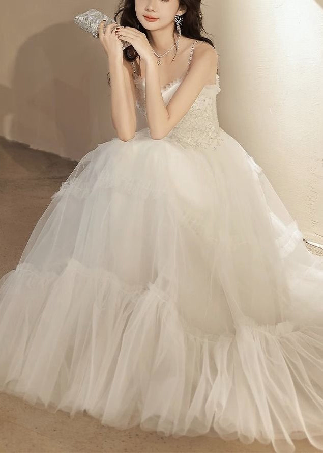 White Ruffled Sequins Tulle Spaghetti Strap Dress Sleeveless