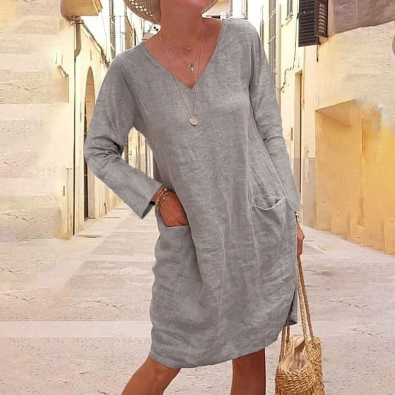 Pure Color Cotton and Linen V-neck Dress