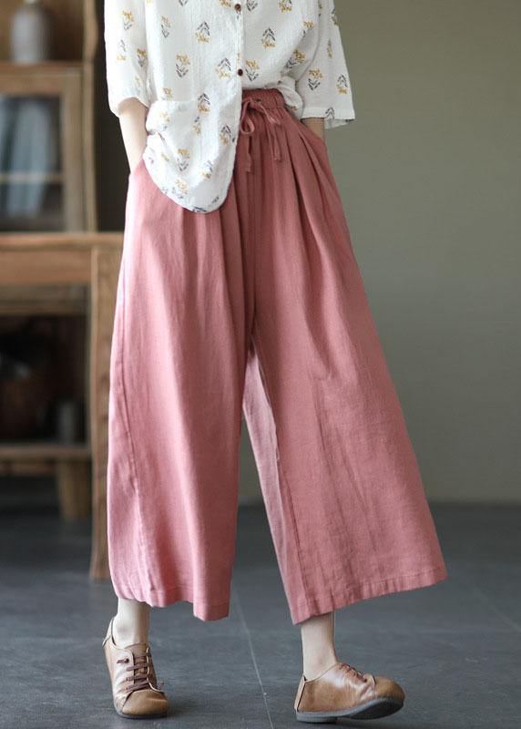 Beige Elastic Waist Tie Waist Wide Leg Pants Linen