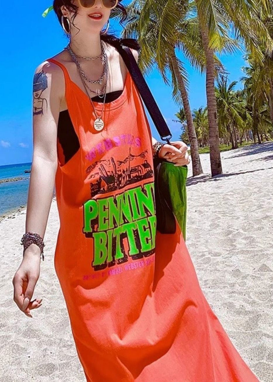 Orange Oversized Print Cotton Vacation Sundresses Summer