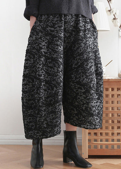 Novelty Black Print Elastic Waist Crop Harem Pants