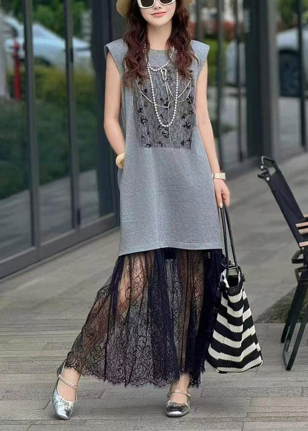 Brown Backless Patchwork Lace Straight Dresses Sleeveless