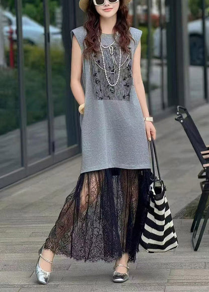 Brown Backless Patchwork Lace Straight Dresses Sleeveless