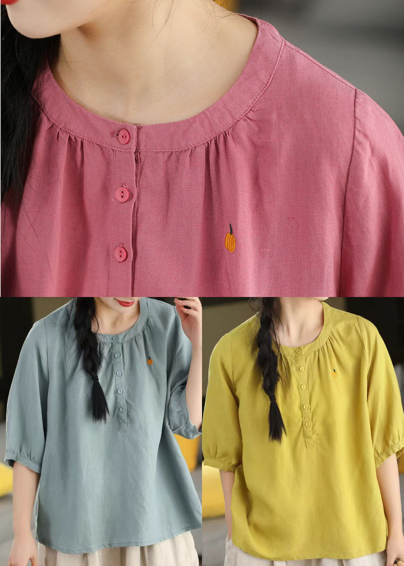 Blue O-neck Embroidered Cotton Top Half Sleeve