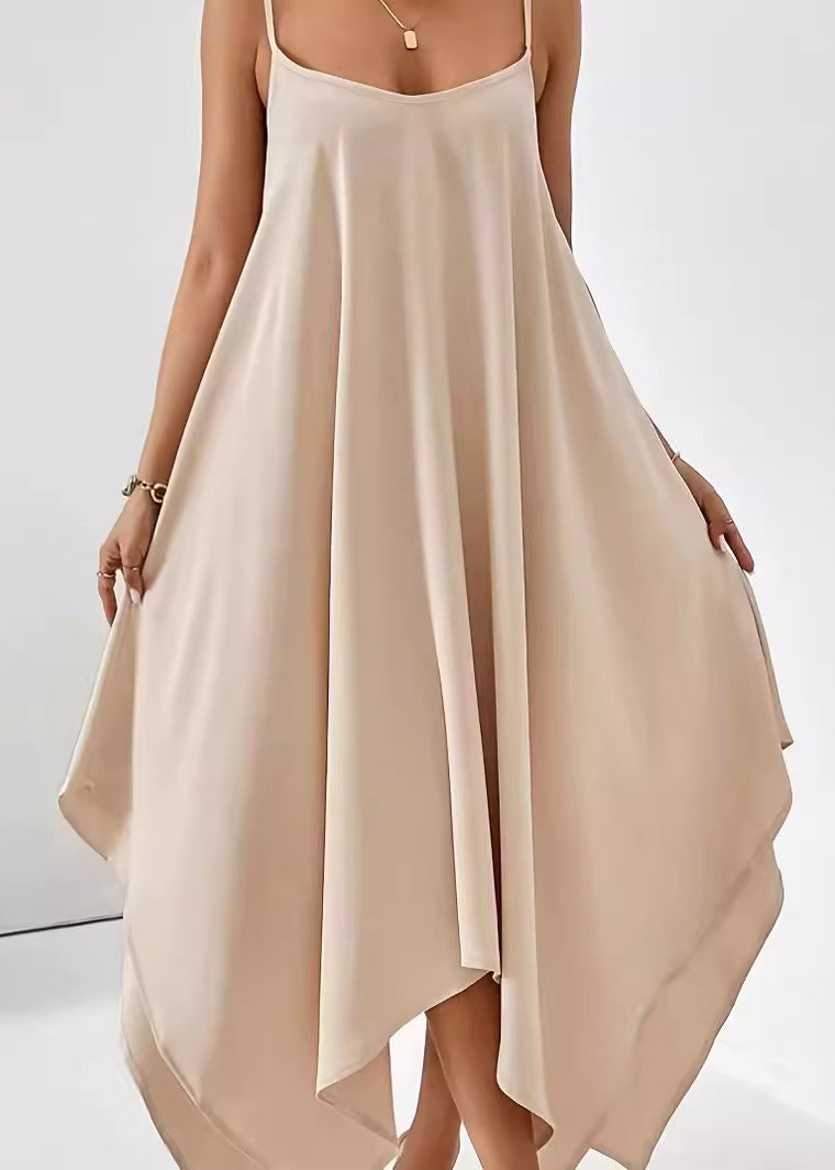 Simple Apricot Asymmetrical Cotton Spaghetti Strap Dress Sleeveless