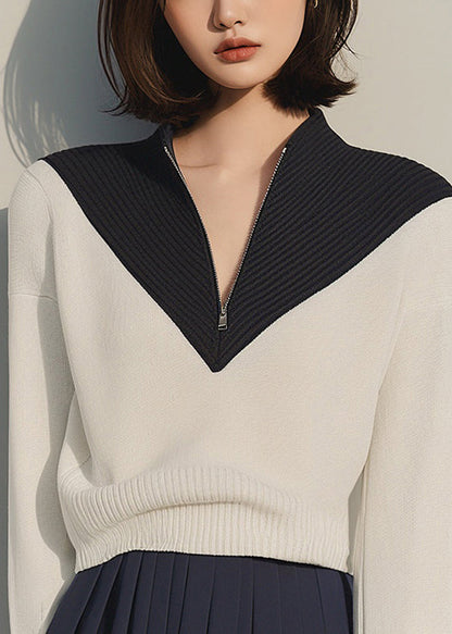Apricot Zip Up Patchwork Knit Sweaters Winter