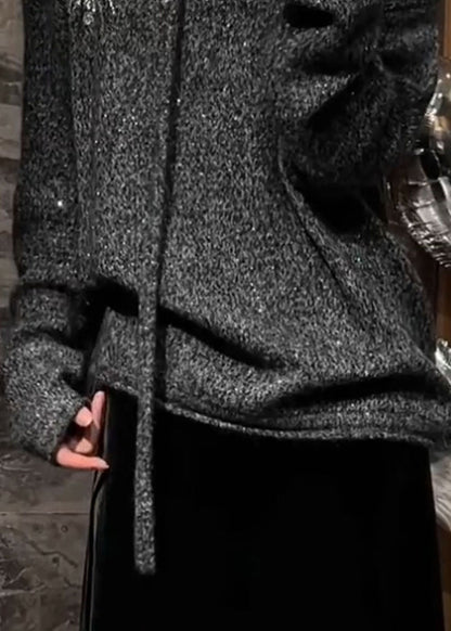 Grey V Neck Sequins Cotton Knit Sweater Fall
