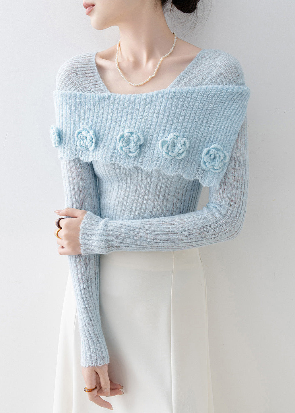Art Blue Slash Neck Slim Fit Knitted Tops Spring