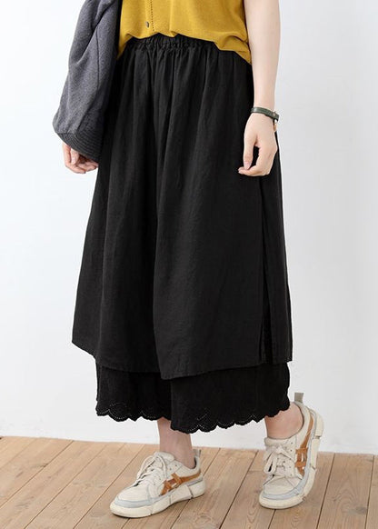 Black Lace Linen Pants Skirt Elastic Waist Summer