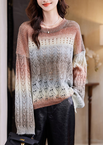 Coffee O-neck Print Cotton Knit Sweater Fall