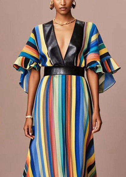 Rainbow Striped Cotton Cinched Dress Flare Sleeve
