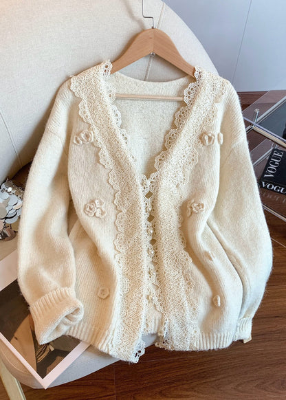 Apricot Button Patchwork Knit Winter Coat V Neck