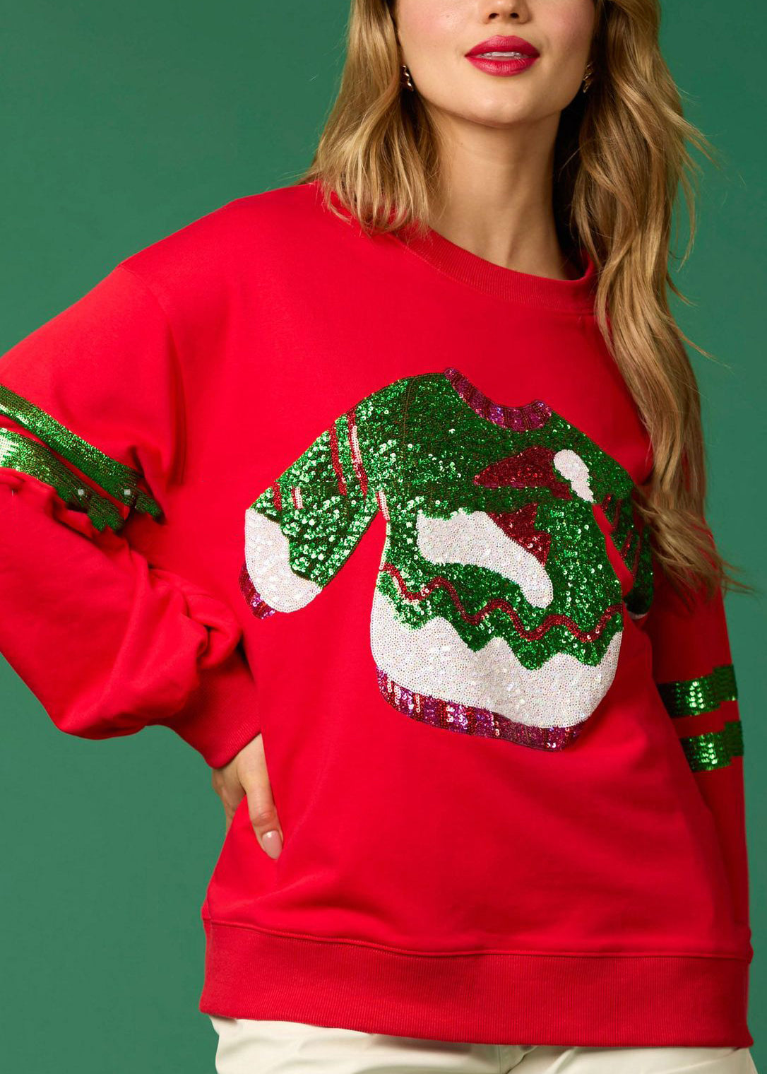 Style Red O Neck Sequins Cotton Christmas Sweatshirts Top Winter
