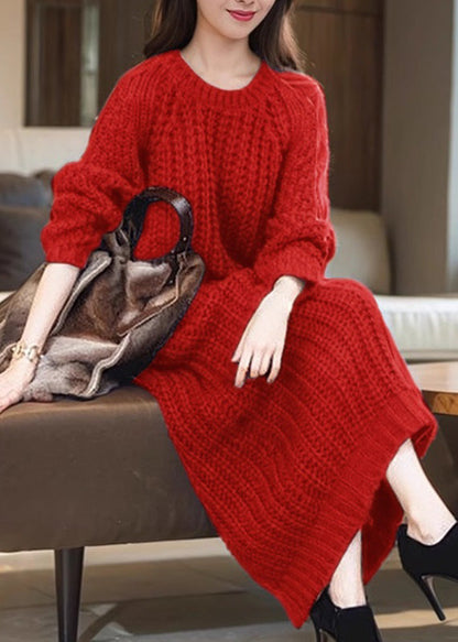 Natural Navy O-neck Patchwork Cozy Cotton Knit Long Dress Winter