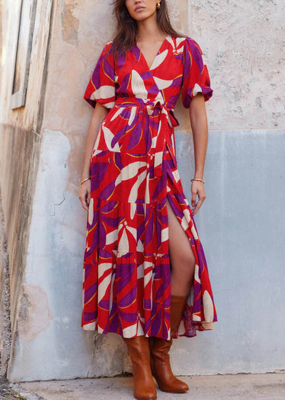 Black V Neck Print Tie Waist Cotton Dress Summer