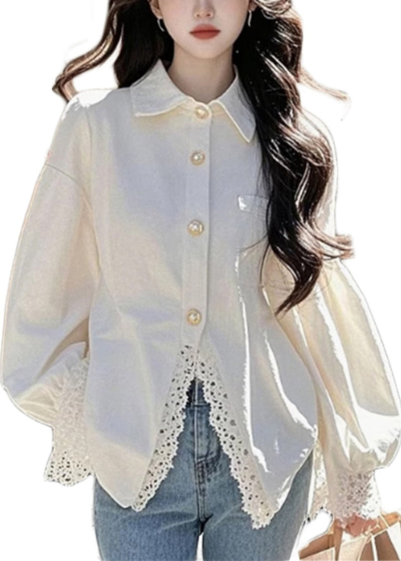 White Peter Pan Collar Lace Button Cotton Shirt Fall