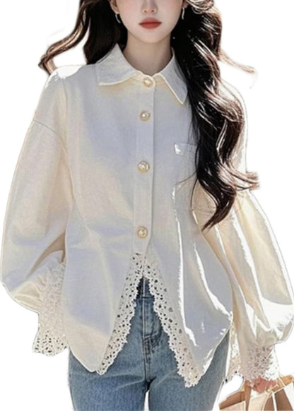 White Peter Pan Collar Lace Button Cotton Shirt Fall