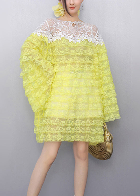 Original Design Yellow O-neck Sheer Knit Lace Tops Fall