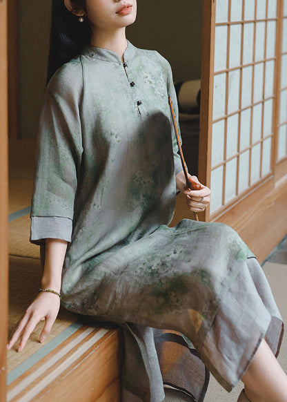 Loose Green Stand Collar Print Linen Long Dress Spring