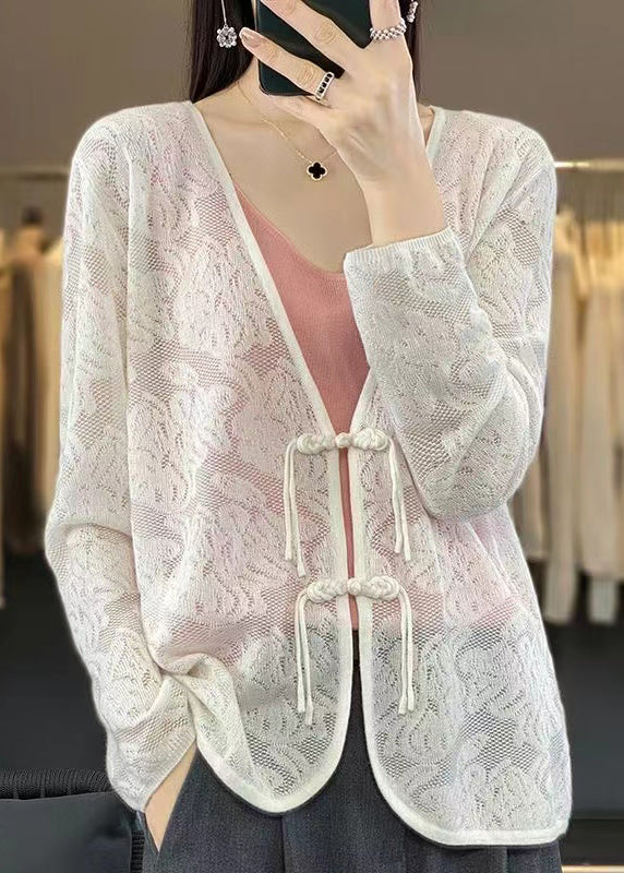 White V Neck Chinese Button Knit Cardigan Fall