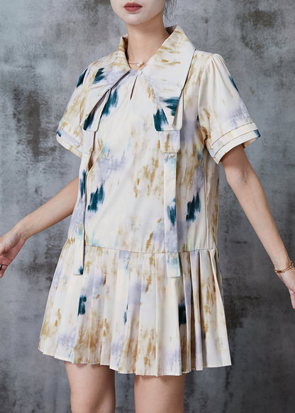 White Peter Pan Collar Tie Dye Cotton Pleated Dresses Summer