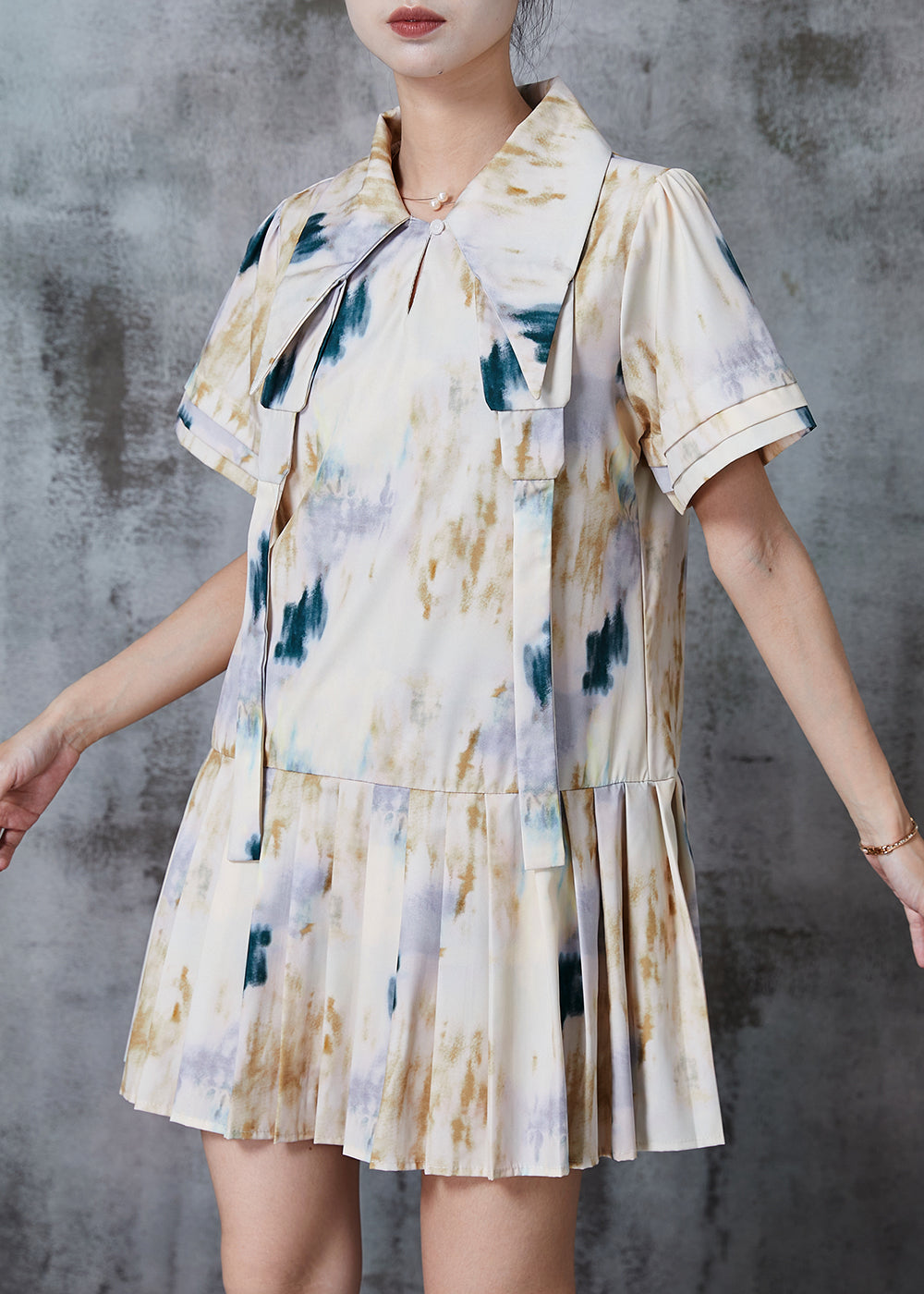 White Peter Pan Collar Tie Dye Cotton Pleated Dresses Summer