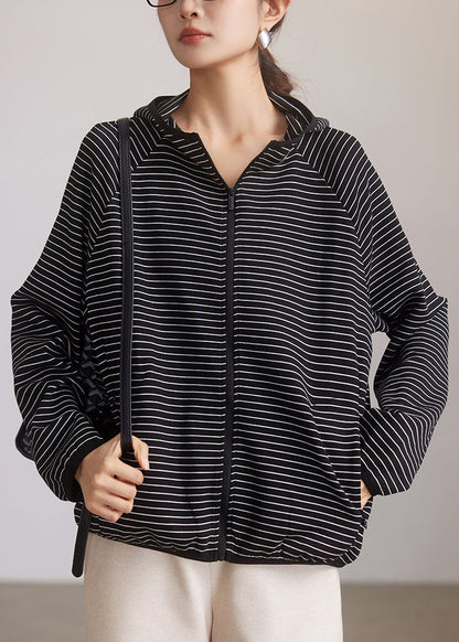 Striped Hooded Zippered Pockets Cotton Coat Spring