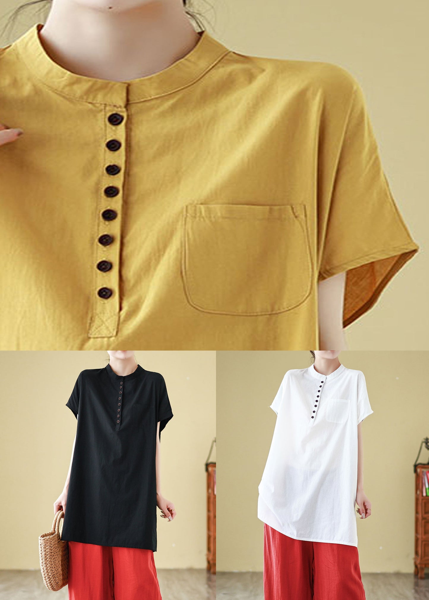 Loose Black O Neck Button Cotton T Shirts Summer