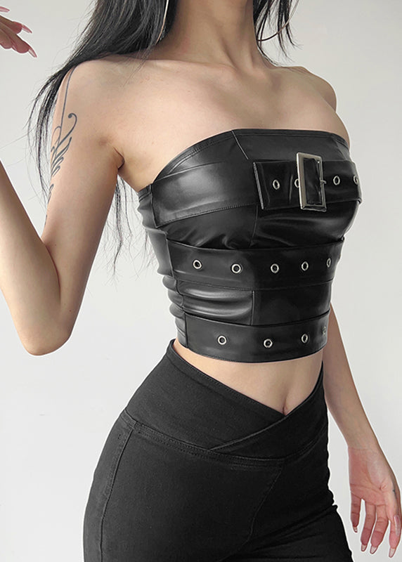 Novelty Black Cold Shoulder Patchwor Faux Leather Top Summer