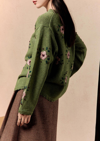 Art Green Button Knit Cardigan Winter