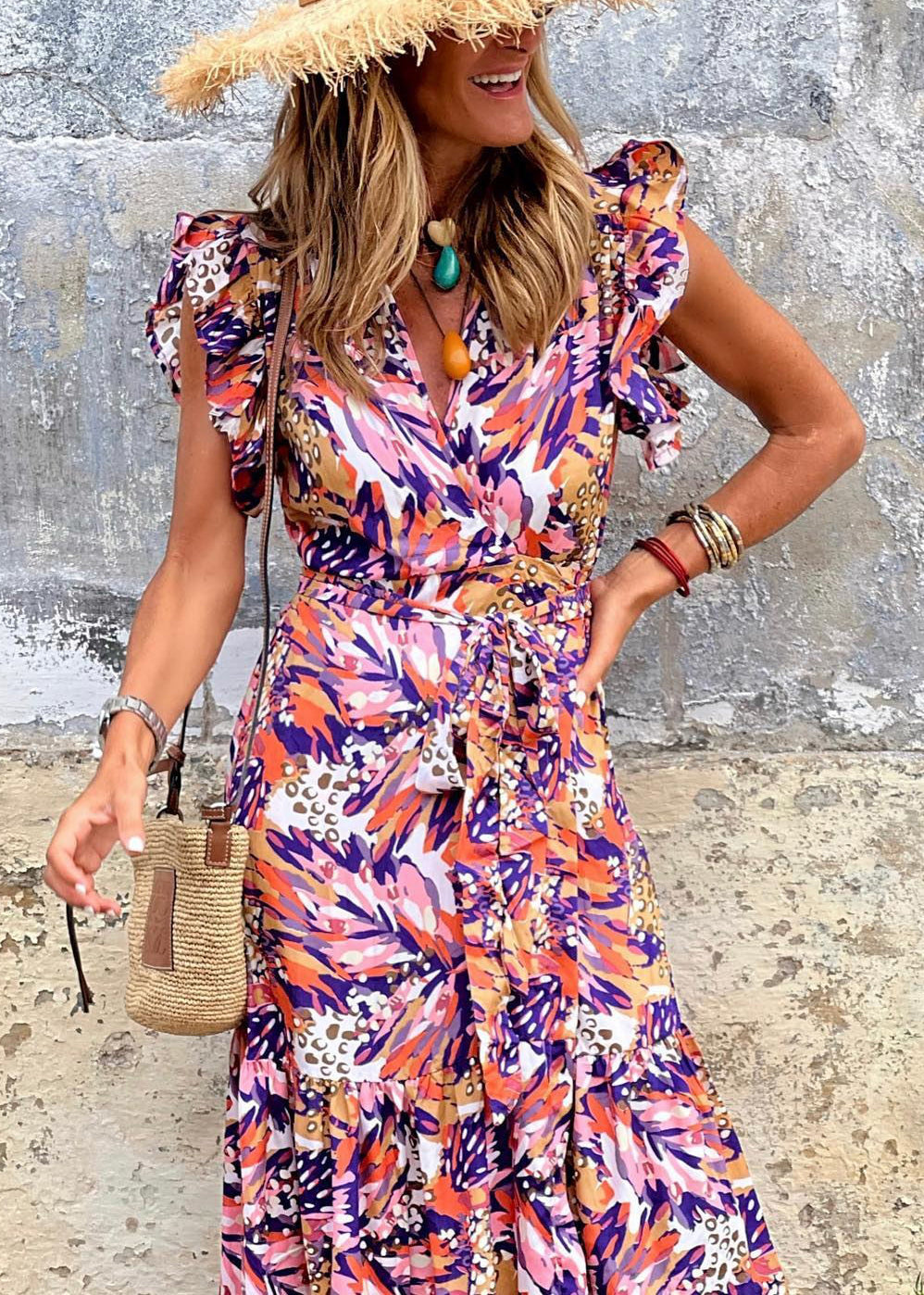 Print Tie Waist Cotton Long Dress Sleeveless