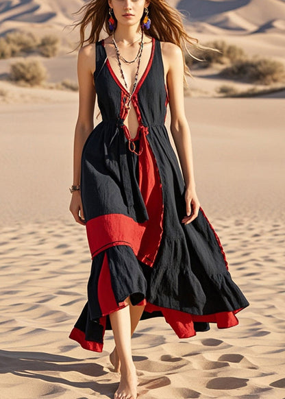 Handmade Black Asymmetrical Patchwork Cotton Cami Dresses Summer