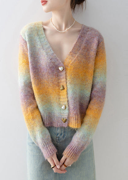 Italian Gradient Color V Neck Warm Knit Cardigan Winter