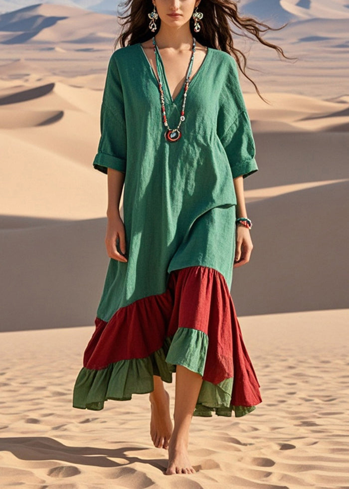 Green Oversized Patchwork Cotton Long Dress Summer