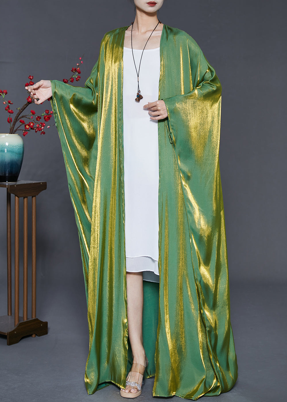 French Lake Green Oversized Silk Cardigans Batwing Sleeve