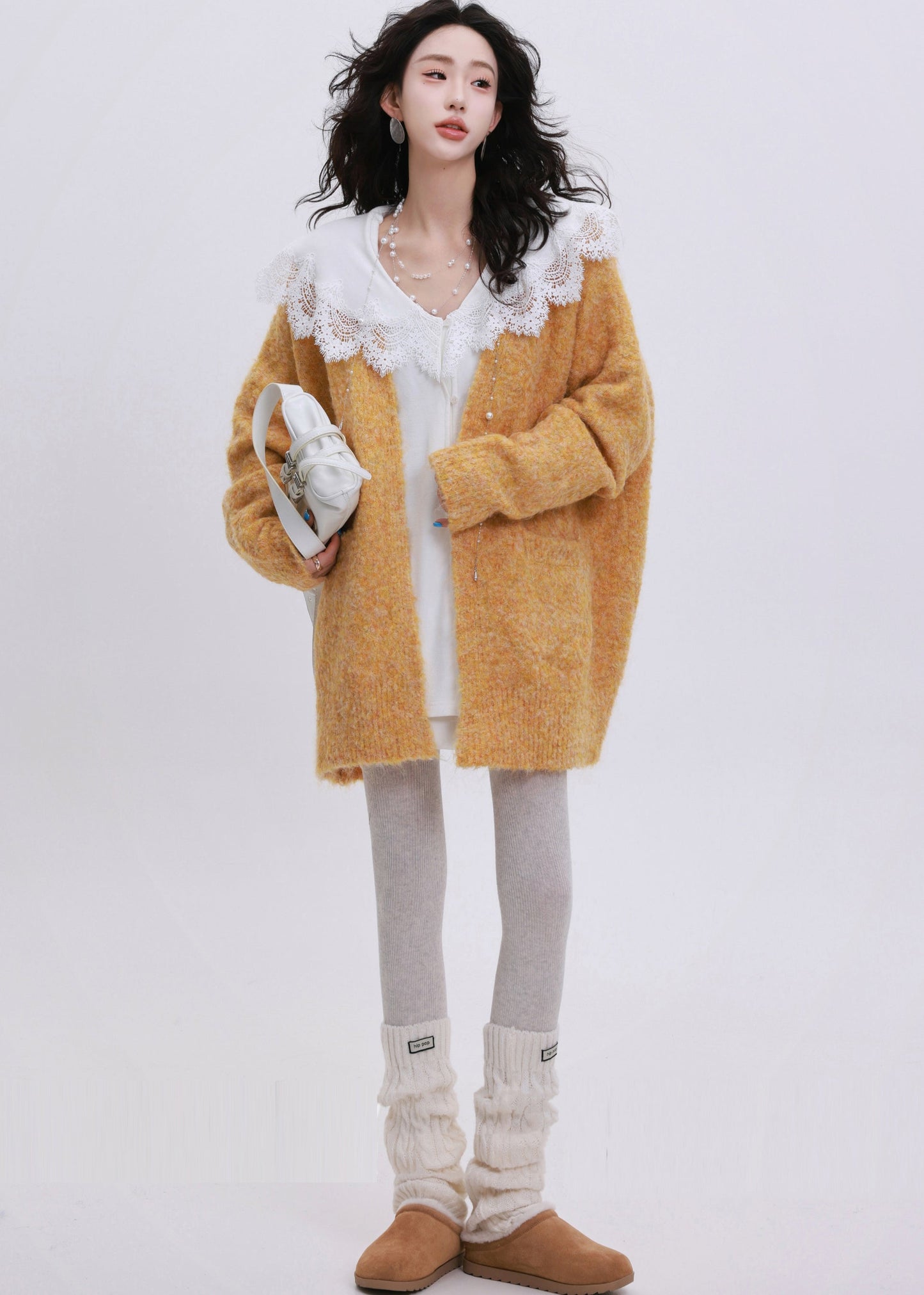 Orange Oversized Pockets Knit Cardigans Winter