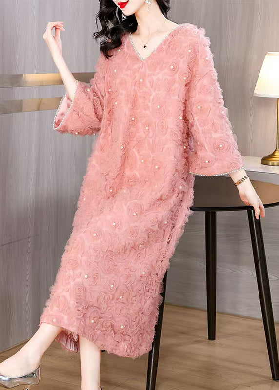 Pink V Neck Nail Bead Tulle Long Dresses Spring