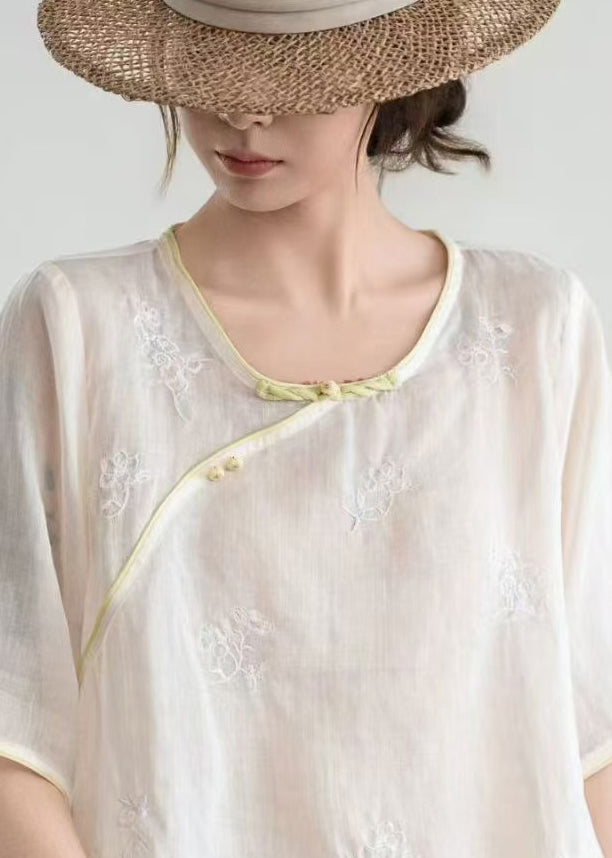 Beige Embroidered Patchwork Linen Oriental Shirt Summer
