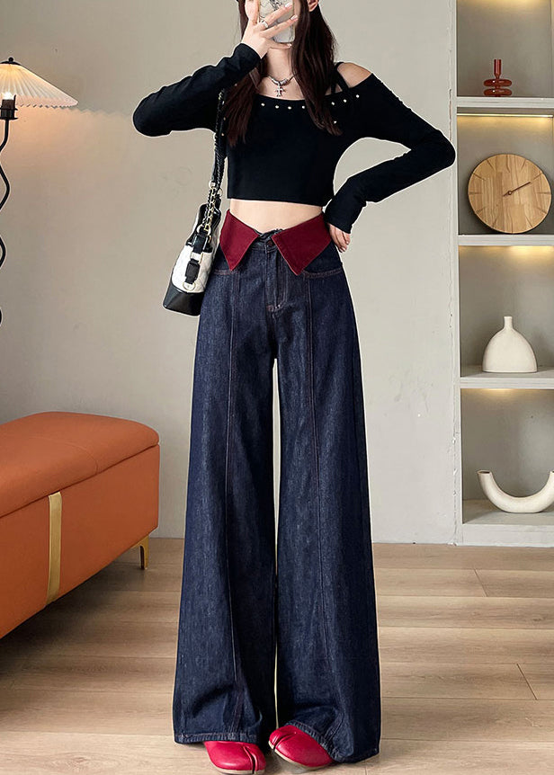 Navy High Waist Patchwork Denim Straight Pants Spring