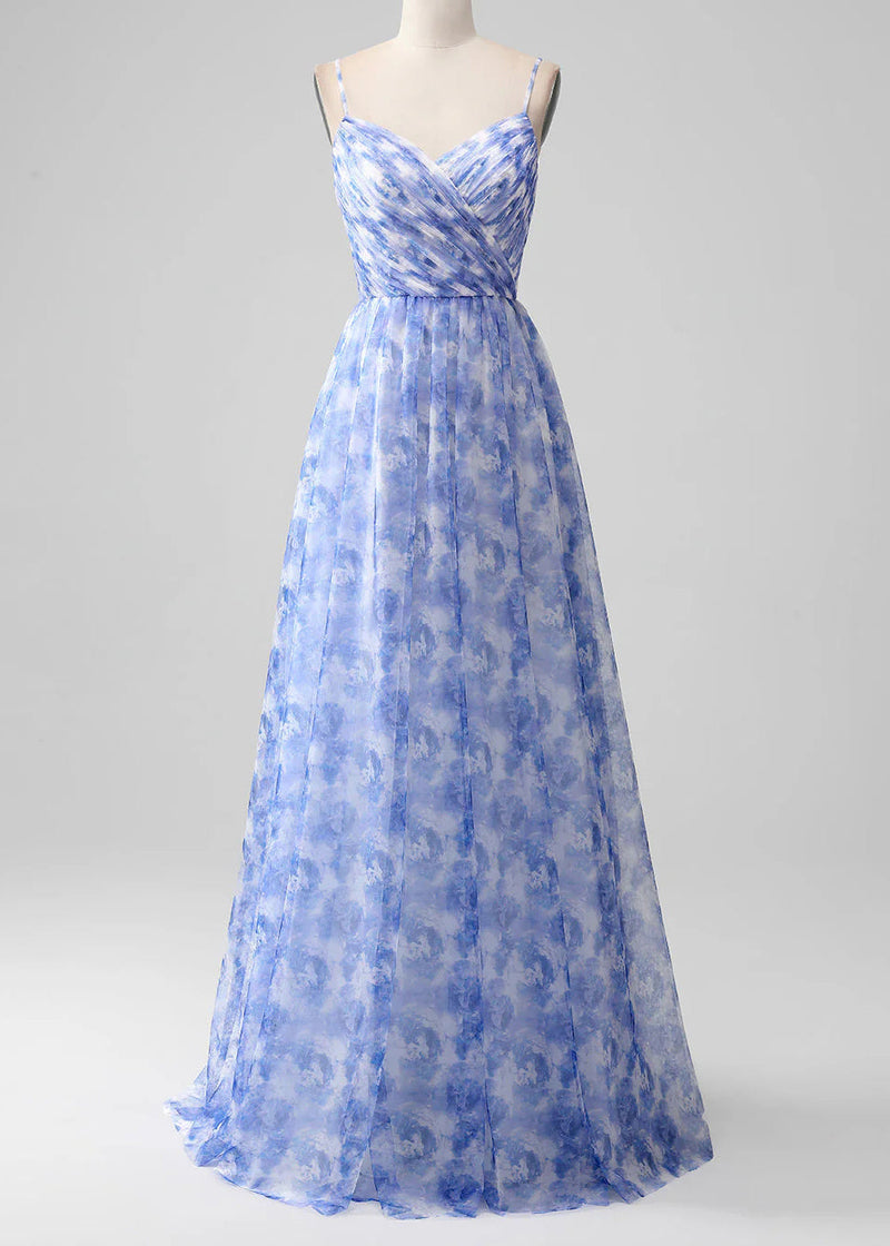 Blue Print Lace Up Chiffon Spaghetti Strap Dress Sleeveless