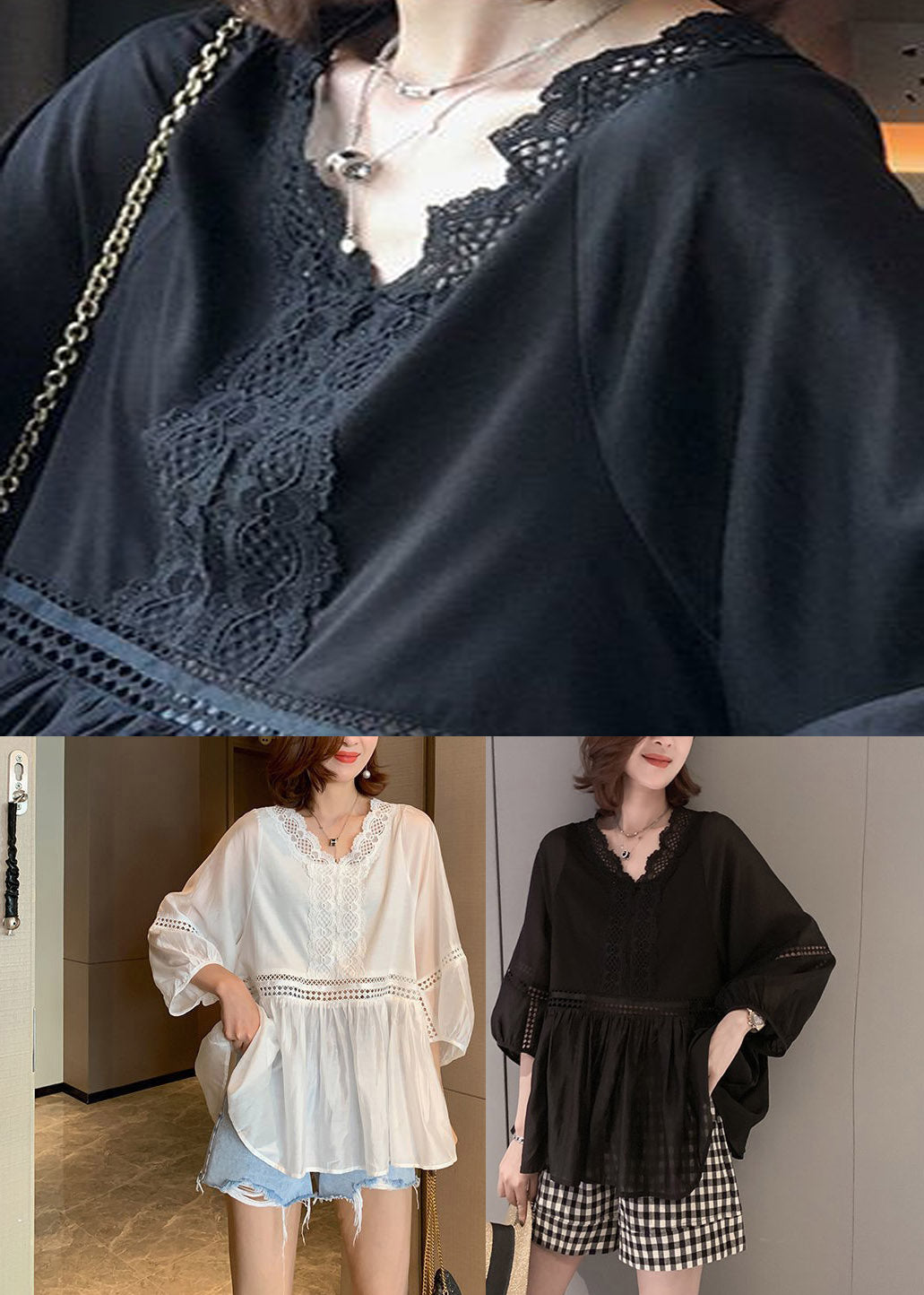 Diy White V Neck Lace Patchwork Shirt Puff Sleeve