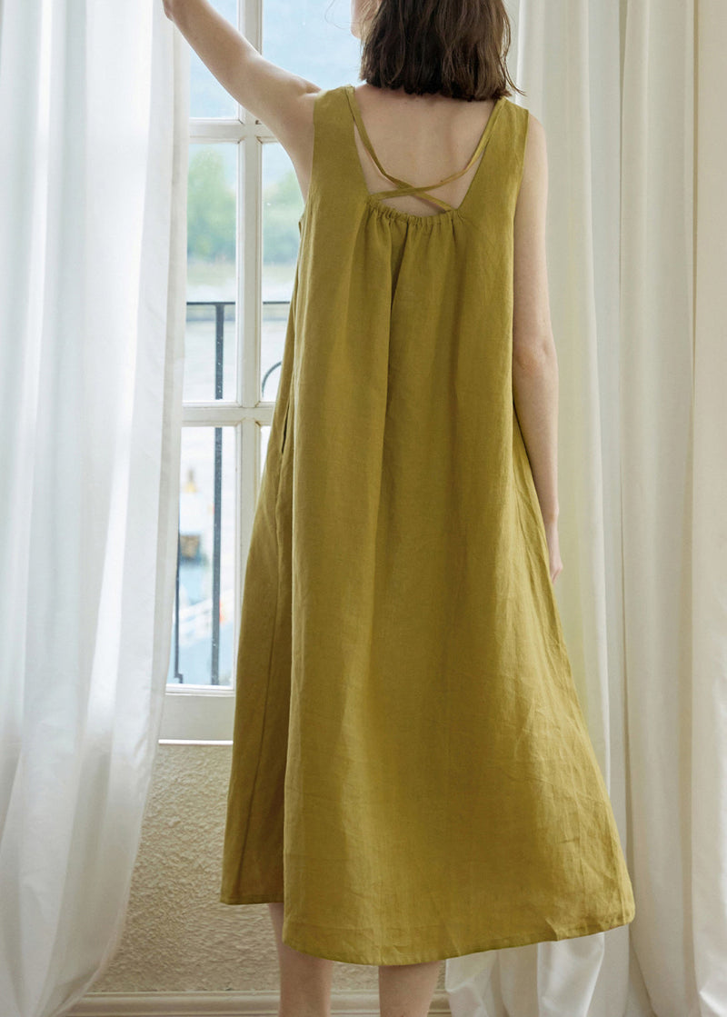 Yellow Green Square Collar Backless Linen Dress Sleeveless