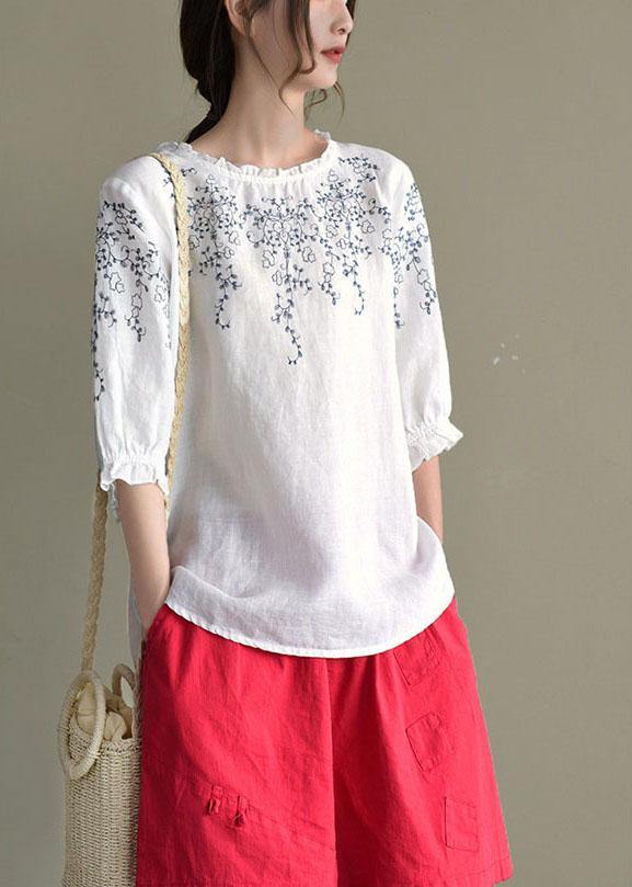 Simple White Loose O-neck Embroidered Summer Linen Blouse Top